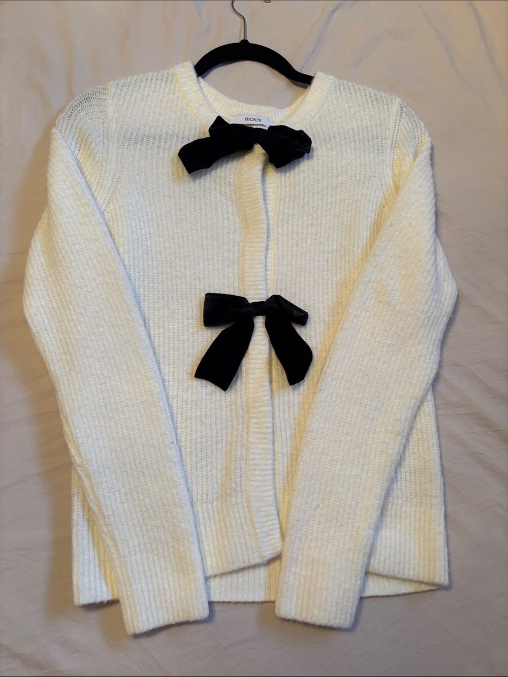 Ricki's Cream Knit Cardigan with Black Ribbon Bows